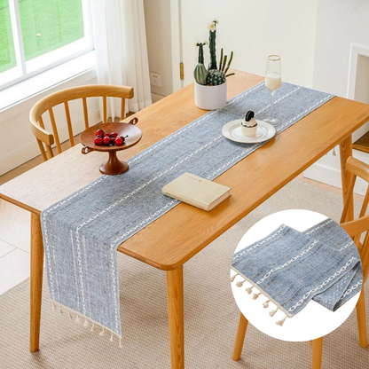 Blue Woven Fringe Table Runner Solid Colour Dining Table Decoration