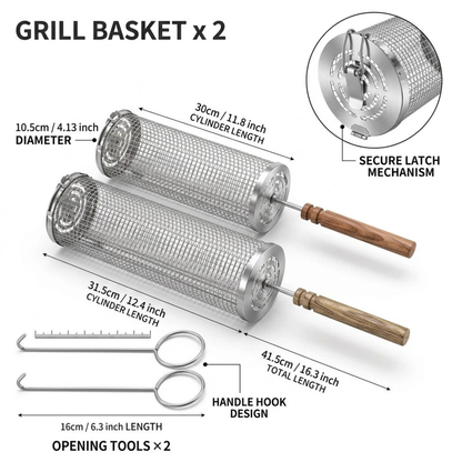 2x Rolling BBQ Basket Stainless Steel Rotisserie Grill Cage Cooking Rack