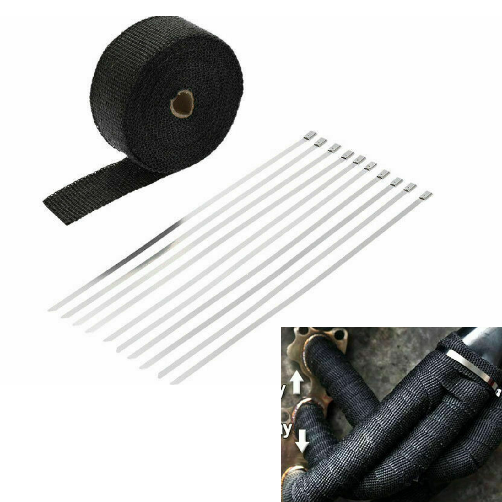 Black Wrap Heat Resistant 2000F Exhaust 15M*50mm + 10 Stainless Steel Ties