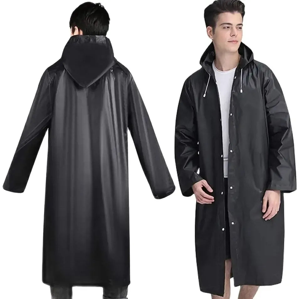 Mens Womens Long Hooded Raincoat Black Waterproof Jacket EVA Rainwear