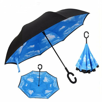 Windproof Double Layer Umbrella Reverse C-handle Upside Down Inverted Blue Sky