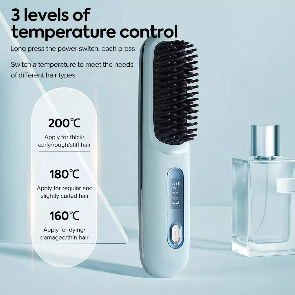 Hot Comb Brush Salon at Home 20s Fast Heating Cordless Hair Straightener Blue