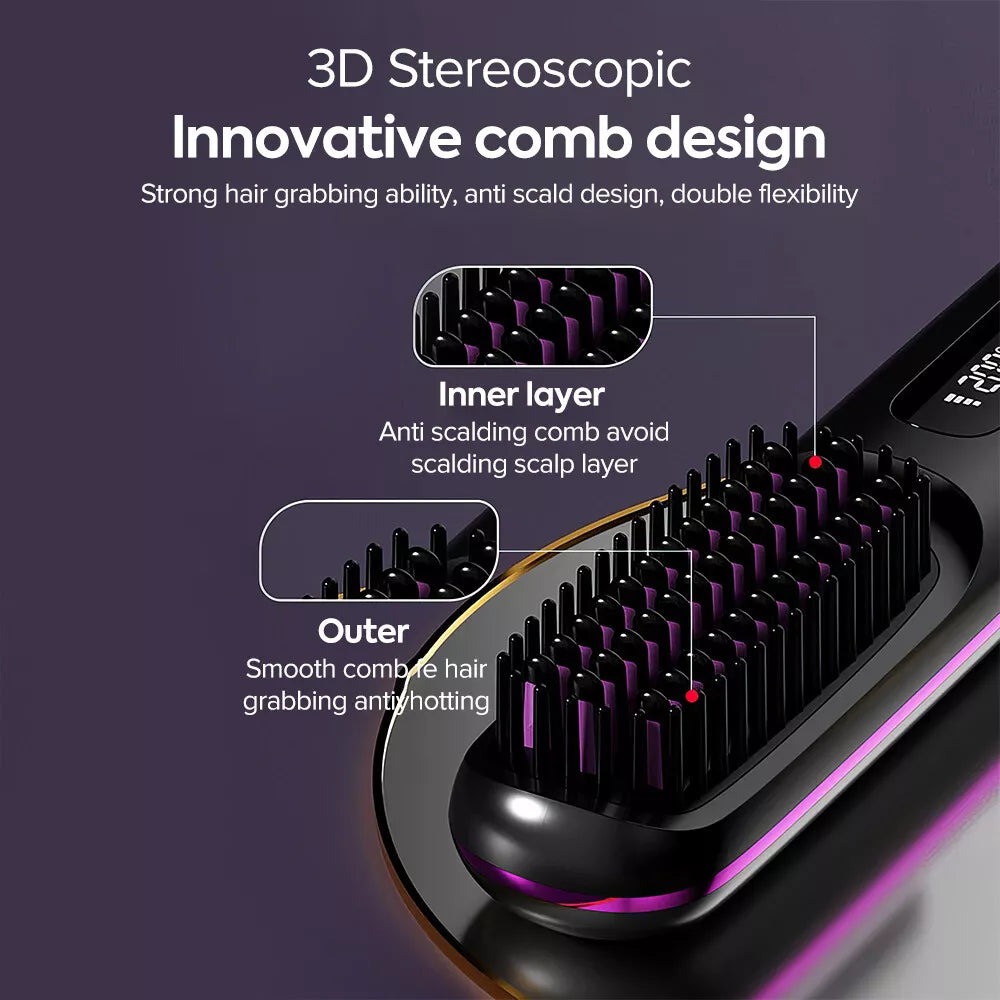 Hot Comb Brush Salon at Home 20s Fast Heating Cordless Hair Straightener Black