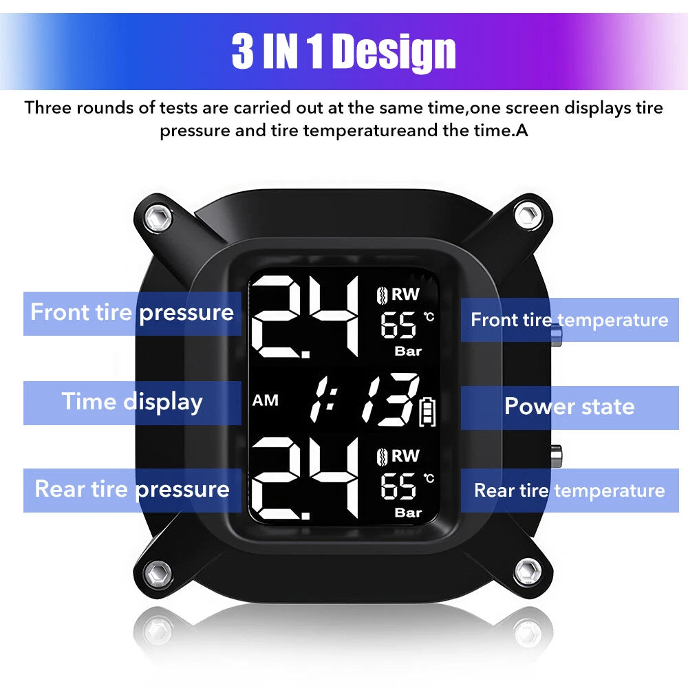 Tire Pressure Monitor System Wireless Motorcycle TPMS 2 External Sensors