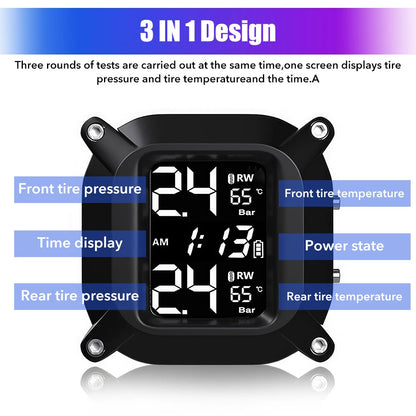 Tire Pressure Monitor System Wireless Motorcycle TPMS 2 External Sensors