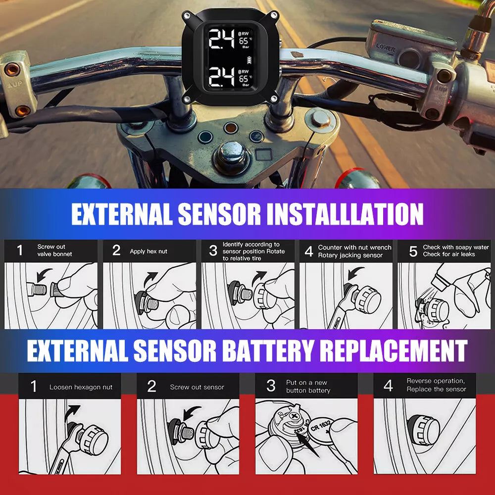 Tire Pressure Monitor System Wireless Motorcycle TPMS 2 External Sensors
