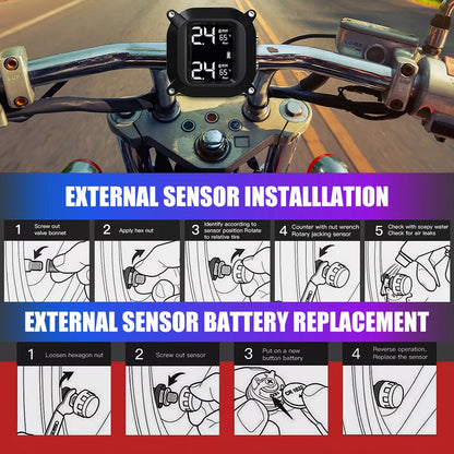 Tire Pressure Monitor System Wireless Motorcycle TPMS 2 External Sensors