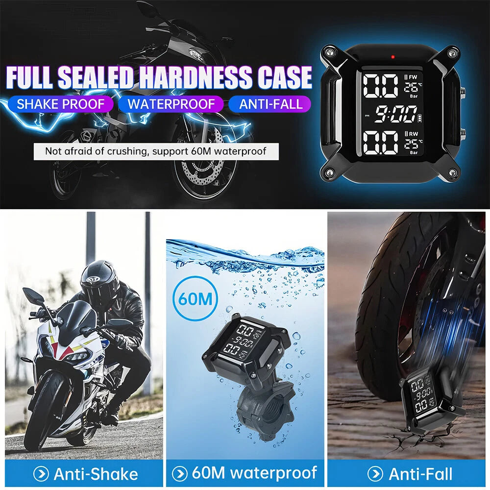 Tire Pressure Monitor System Wireless Motorcycle TPMS 2 External Sensors