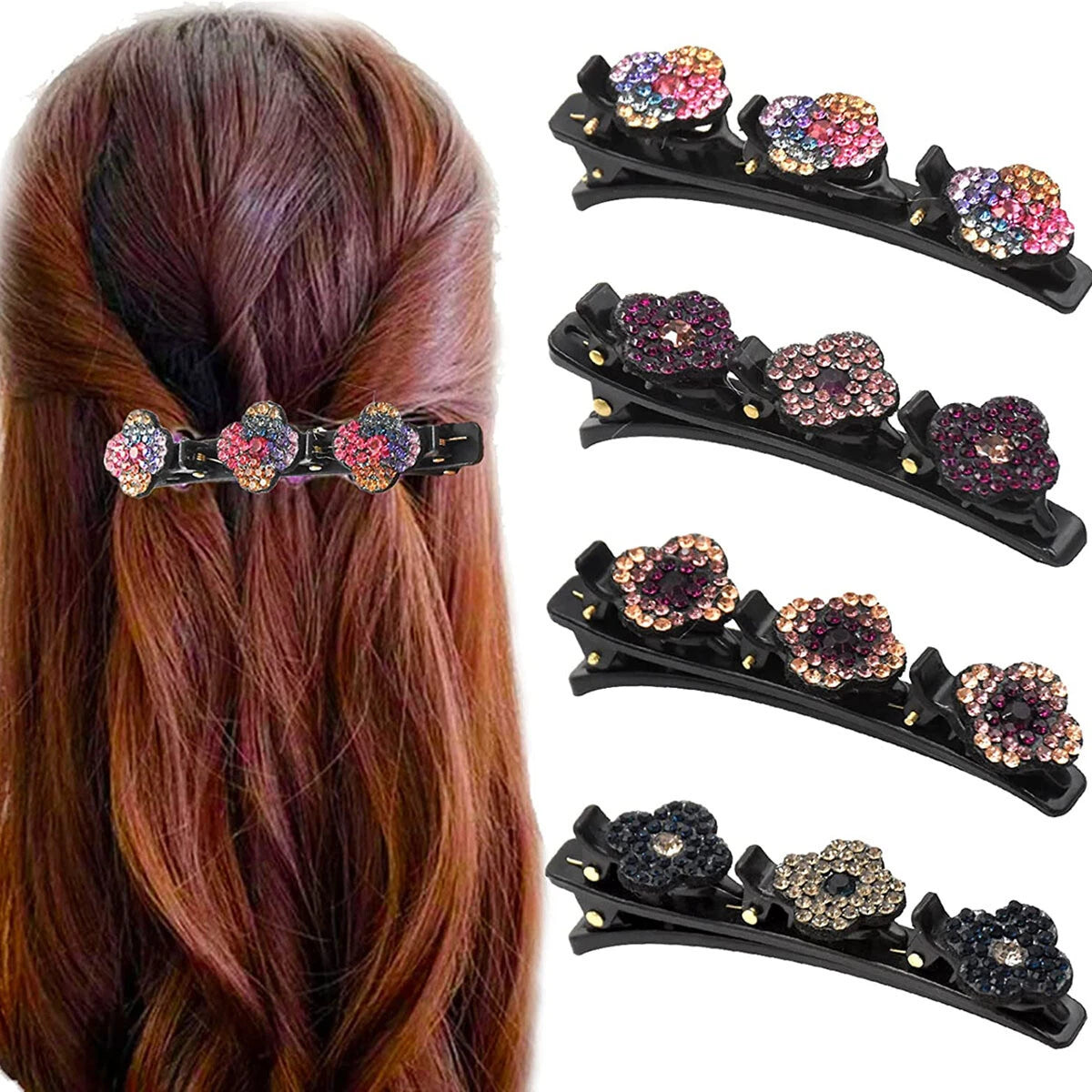 Braided Hair Clips Sparkling Crystal Stone Hairpin Double Bang 4PCS Set