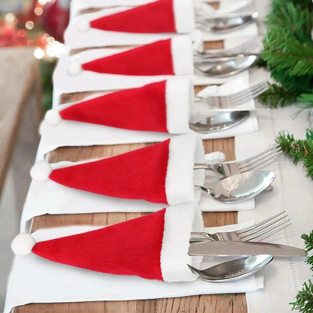 30x Christmas Fork Holder Decoration Red Hat Santa Cutlery Christmas Knife Bag