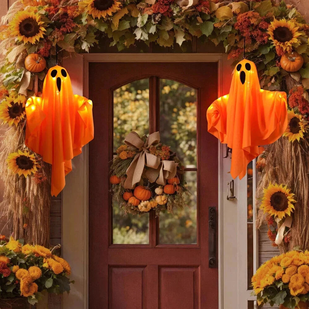 2PCS Garden Prop Party Decor Halloween Hanging Lighted Glowing Ghost Orange