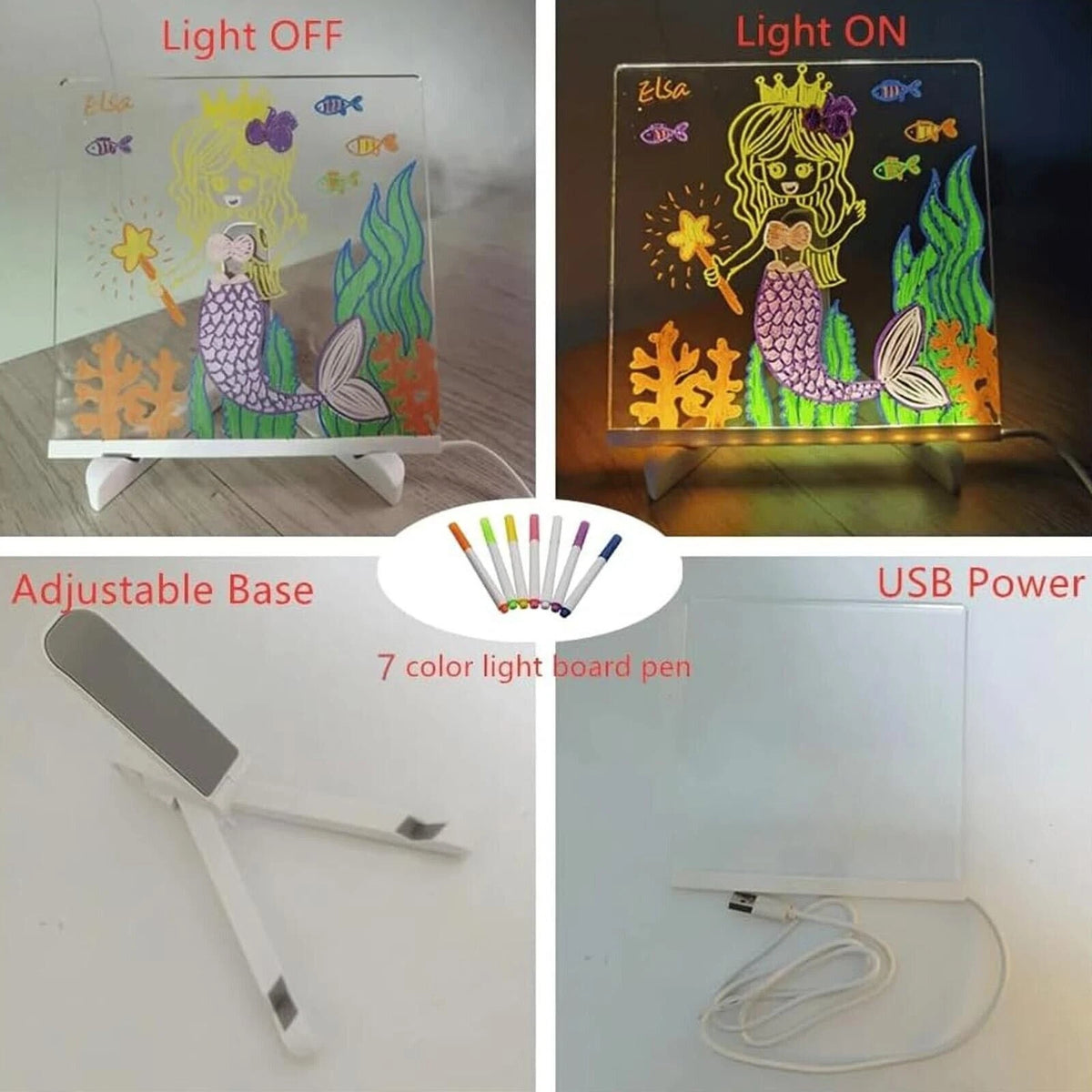 Illuminated Drawing Board LED Note Board 7 Coloured Pens Acrylic Dry Erase Small