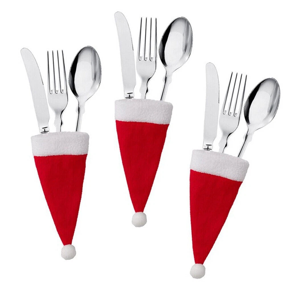 30x Christmas Fork Holder Decoration Red Hat Santa Cutlery Christmas Knife Bag