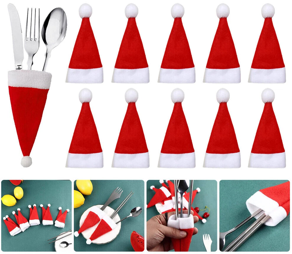 30x Christmas Fork Holder Decoration Red Hat Santa Cutlery Christmas Knife Bag