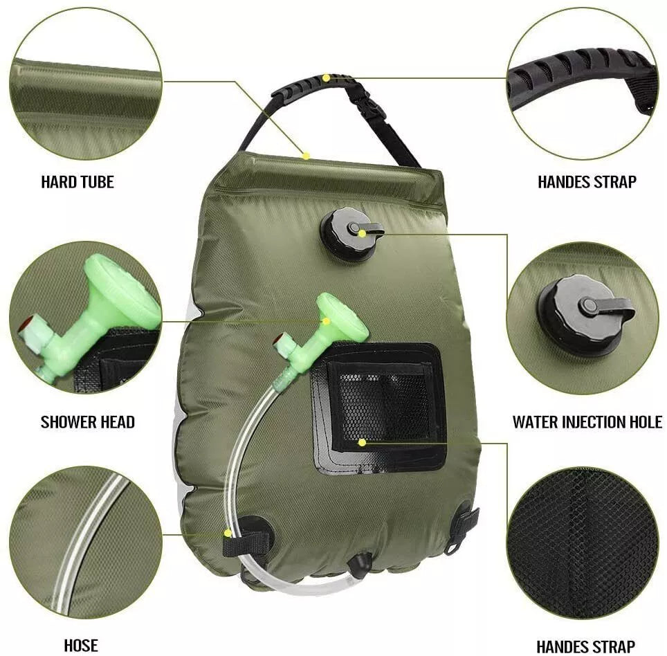 Solar Heat Water Pipe 20L Portable Camp Shower Bag Camping Hiking Travel Outdoor