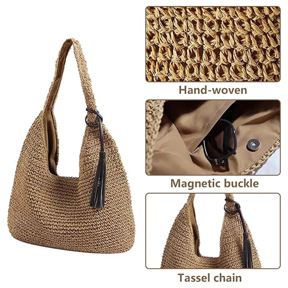 Straw Woven Basket Handbag Large Capacity Shoulder Bag Women Beach Bag Tote Bag
