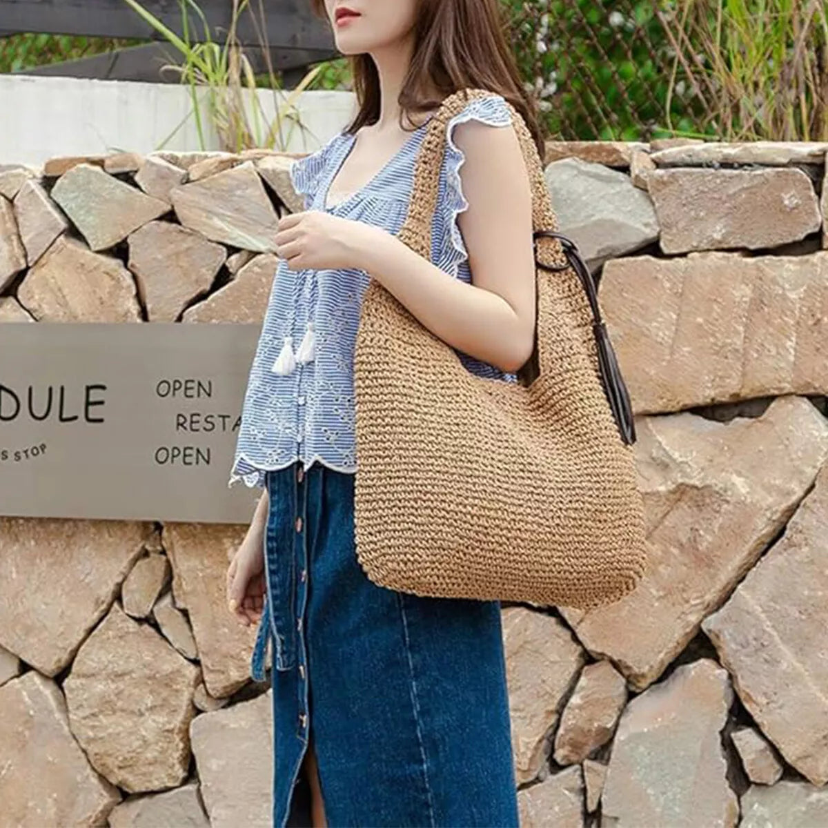 Straw Woven Basket Handbag Large Capacity Shoulder Bag Women Beach Bag Tote Bag