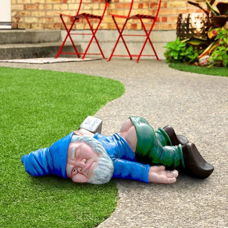 Gnome Decor Yard Patio Ornament Funny Drunk Dwarf Garden Rude Passed Out Statue
