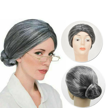 Costume Party Woman Grey White Old Lady Grandma Wig Granny Mother Dress Up