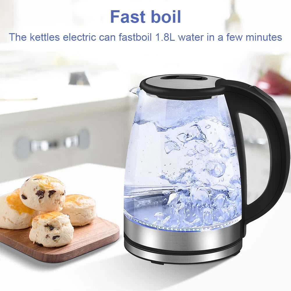 360° Rotation Kitchen Water Jug Stainless Steel LED Light Glass Kettle