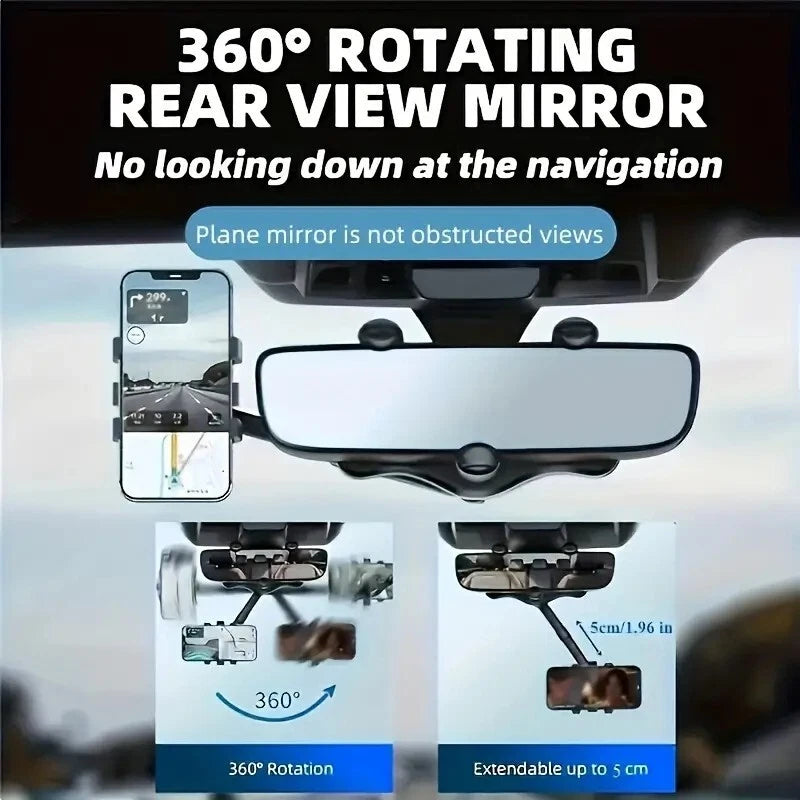 360° Rotatable Retractable Rearview Mirror Multifunctional Car Phone Holder