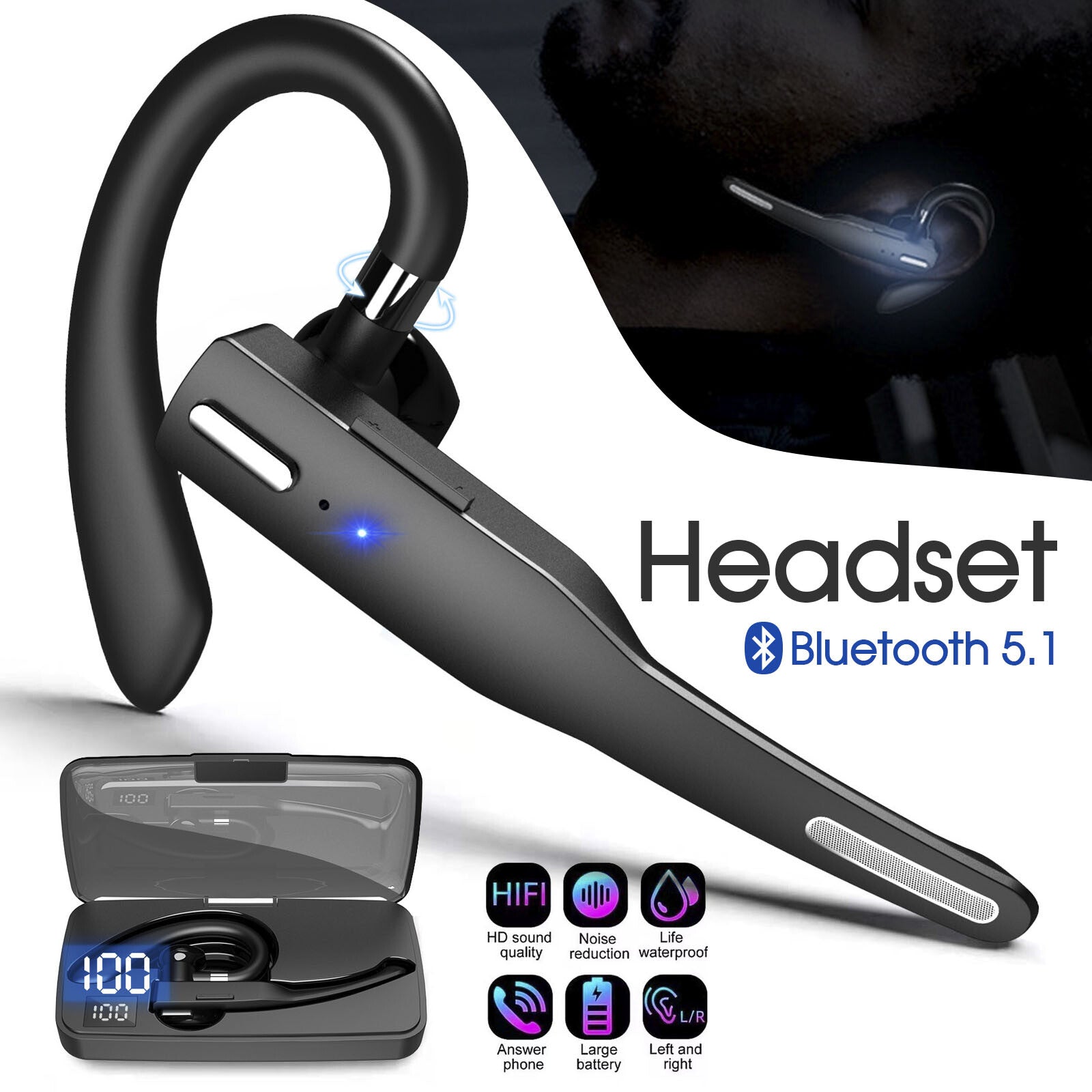 Driver Portable Earphone Headset Wireless Bluetooth Mic Business Headphones
