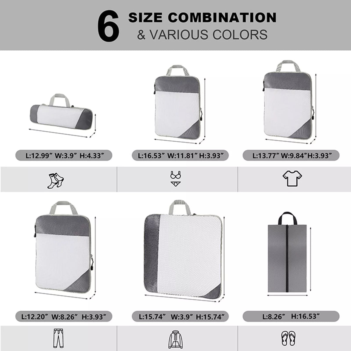 6Pcs Expandable Storage Travel Luggage Bags Compression Packing Cubes Gray