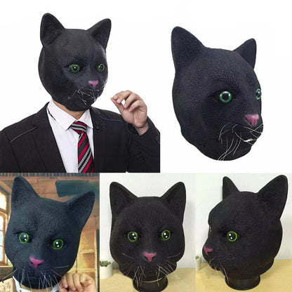 1PC Halloween Costume Creepy Theater Prop Black Cat Head Mask Animal Latex Party