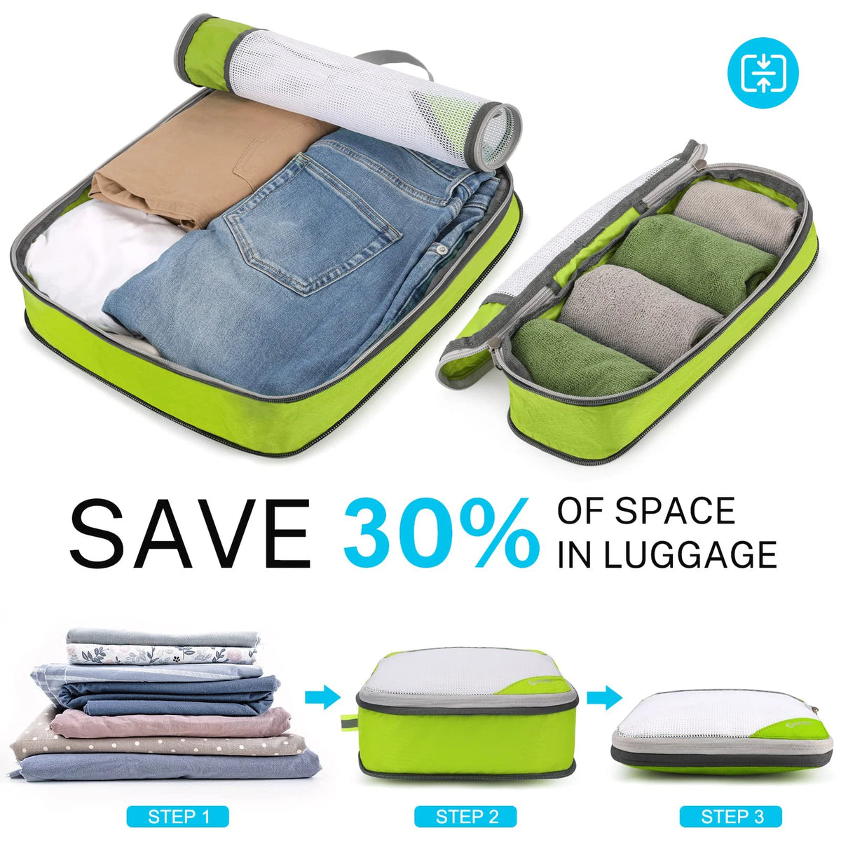 6Pcs Expandable Storage Travel Luggage Bags Compression Packing Cubes Green