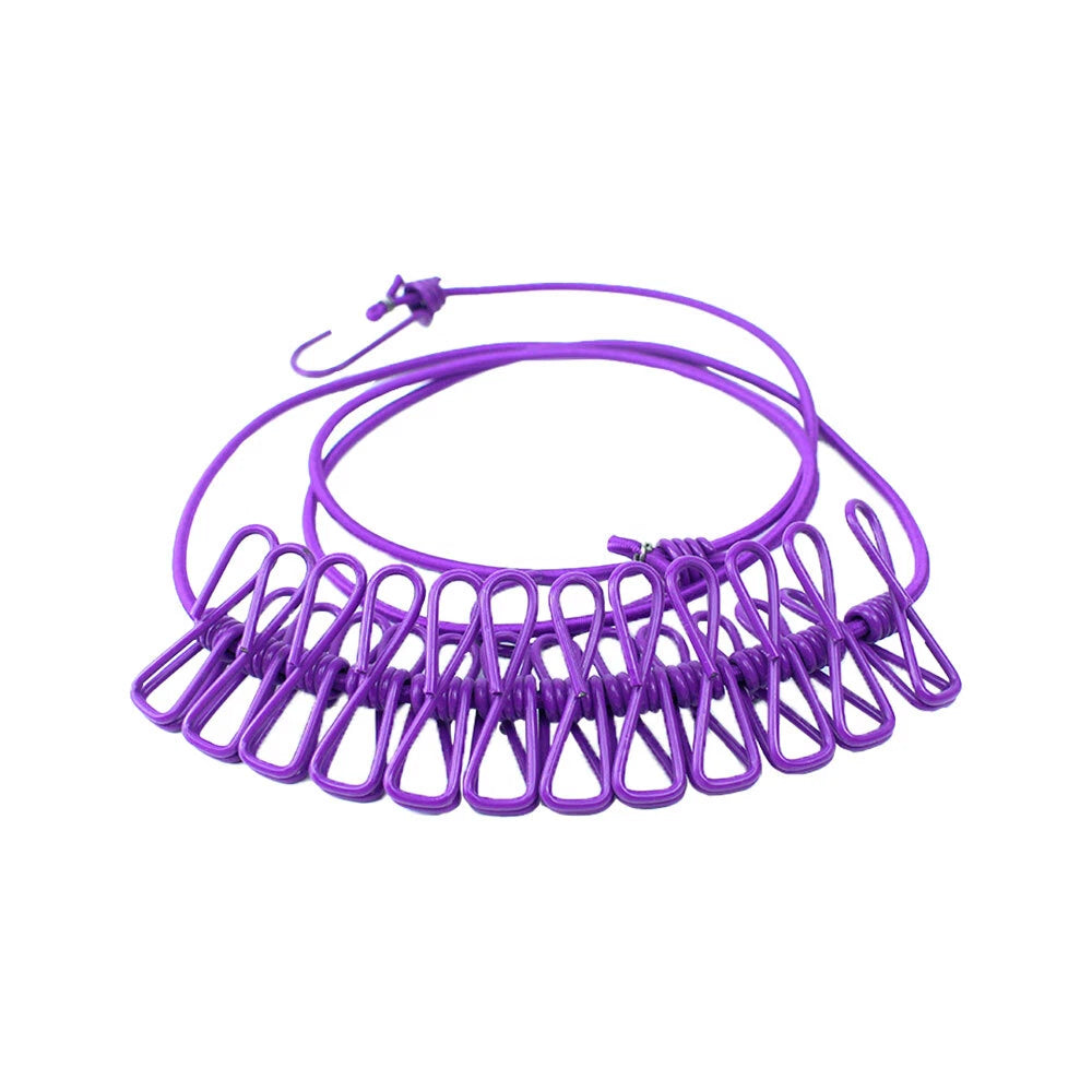 12 Clips Clothes Drying Rope 180cm Elastic Clothesline Outdoor Travel Purple