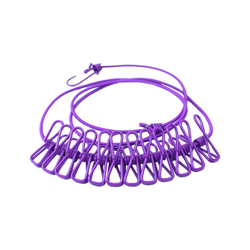 12 Clips Clothes Drying Rope 180cm Elastic Clothesline Outdoor Travel Purple
