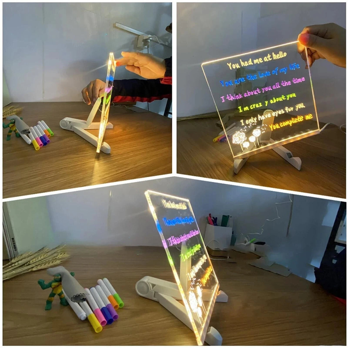 Illuminated Drawing Board LED Note Board 7 Coloured Pens Acrylic Dry Erase Small