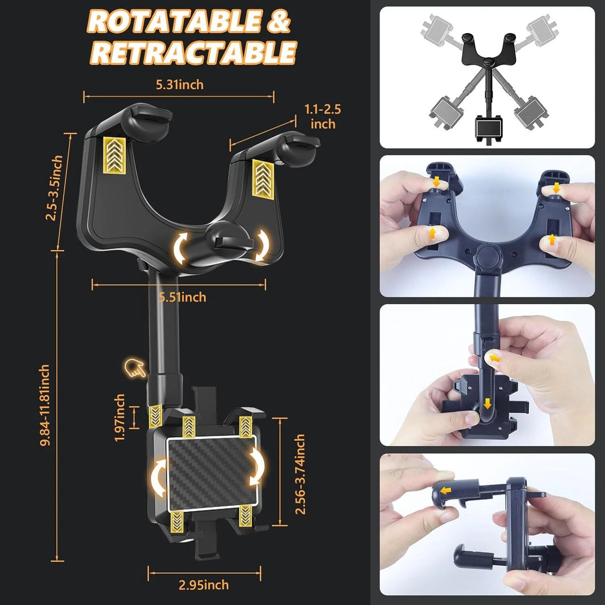 360° Rotatable Retractable Rearview Mirror Multifunctional Car Phone Holder