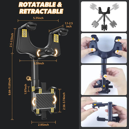360° Rotatable Retractable Rearview Mirror Multifunctional Car Phone Holder