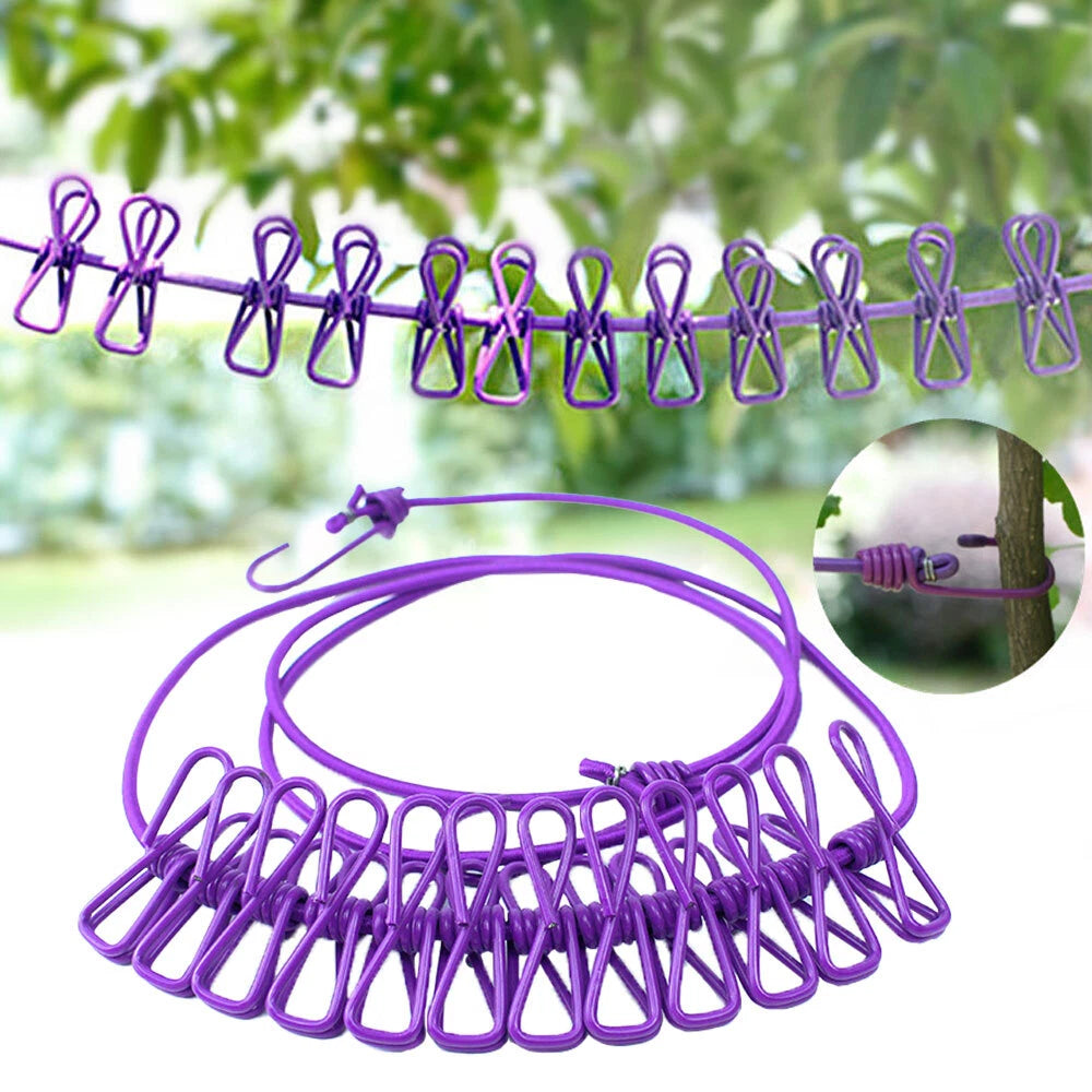 12 Clips Clothes Drying Rope 180cm Elastic Clothesline Outdoor Travel Purple