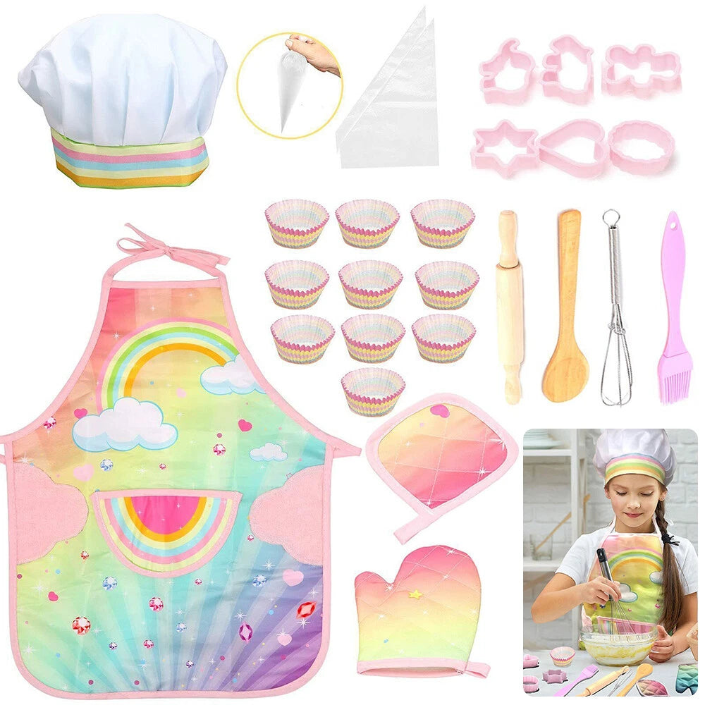 Kids Apron Hat Kitchen Cooking Baking Chef Play Set Children Toddler Gift 26PCS