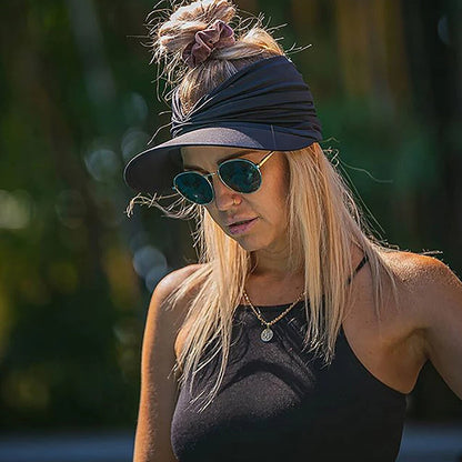 Summer Women Sport Pony Tail Visor Hat Swimming Cap Wide Brim Sun Shade Black