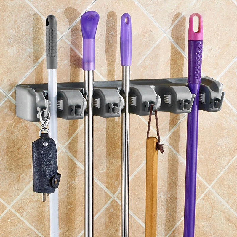 Wall Mounted Brush Storage Rack Broom Hanger Mop Holder Kitchen Organizer Grey