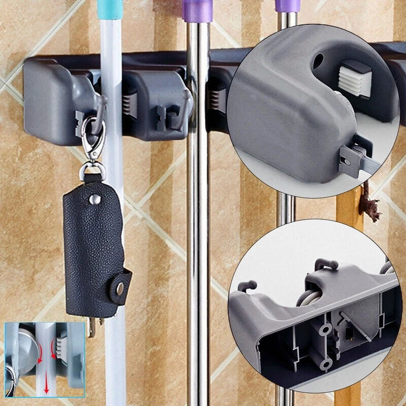 Wall Mounted Brush Storage Rack Broom Hanger Mop Holder Kitchen Organizer Grey