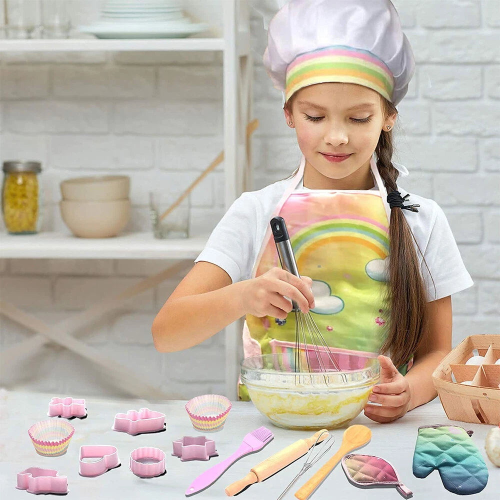 Kids Apron Hat Kitchen Cooking Baking Chef Play Set Children Toddler Gift 26PCS