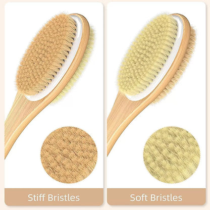 Shower Bath Body Brush Double-sided Wooden Bristle Long Handle Back Scrubber