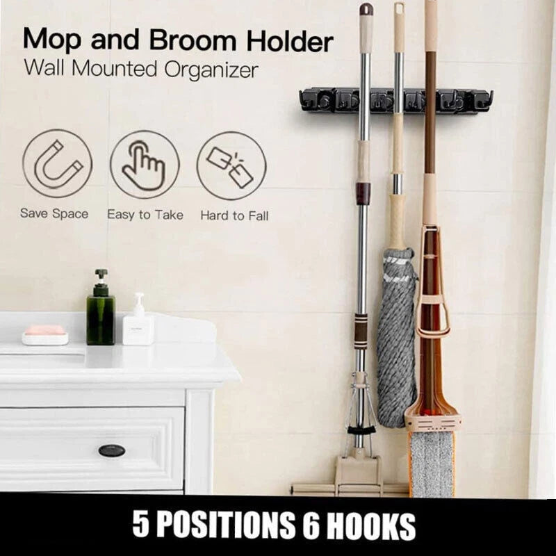 Wall Mounted Brush Storage Rack Broom Hanger Mop Holder Kitchen Organizer Black