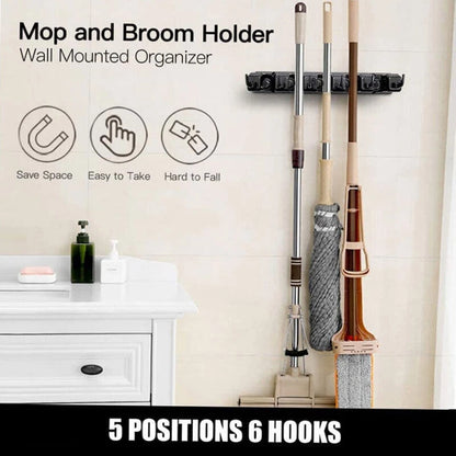 Wall Mounted Brush Storage Rack Broom Hanger Mop Holder Kitchen Organizer Black