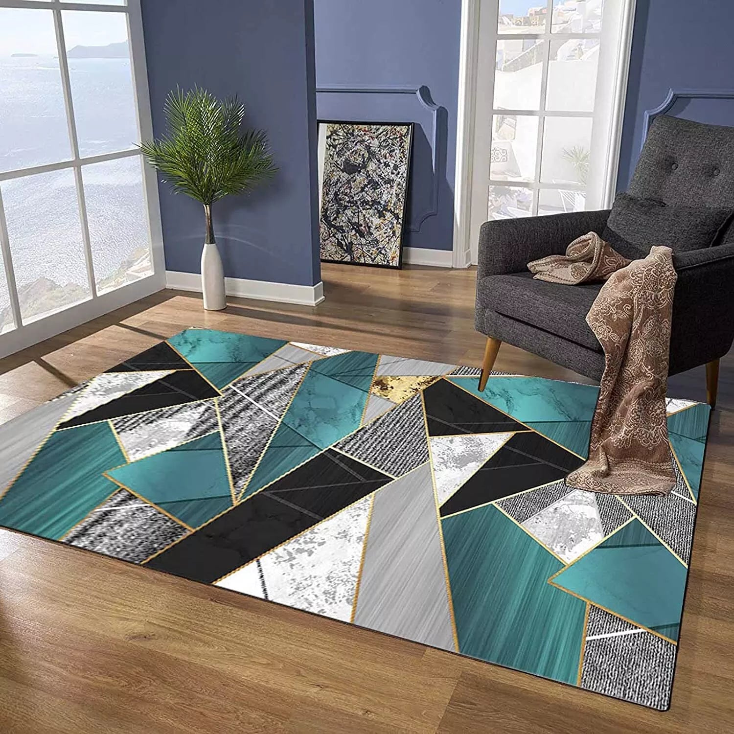 Large Soft Bedroom Living Room Carpet Anti-Slip Floor Mat Rug Modern Geometry 2