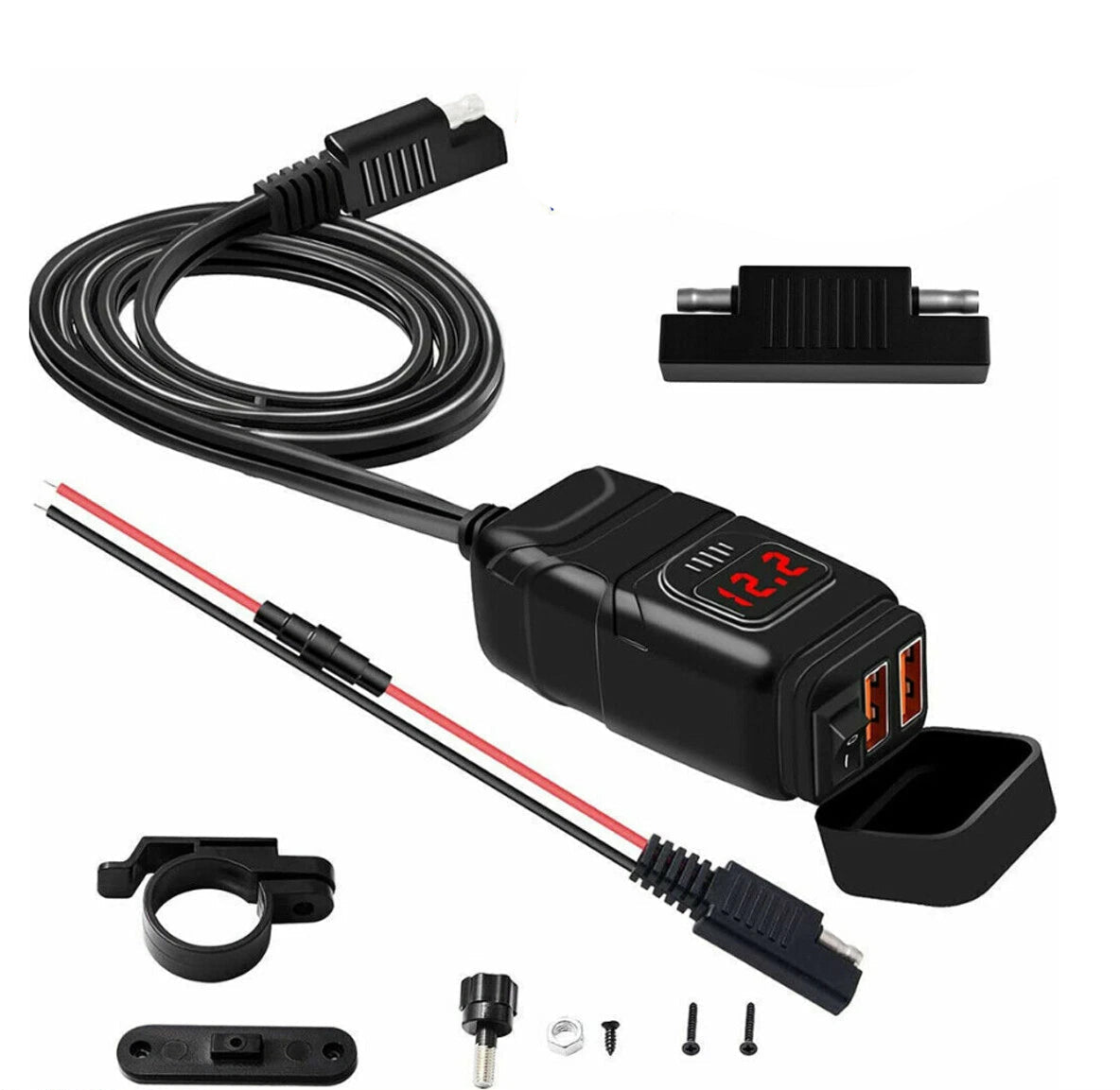 12V Waterproof Motorcycle Handlebar Fast Charger Dual USB Port 3.0 Voltmeter