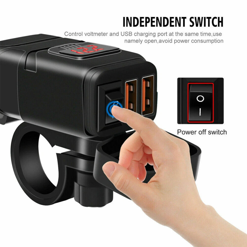 12V Waterproof Motorcycle Handlebar Fast Charger Dual USB Port 3.0 Voltmeter