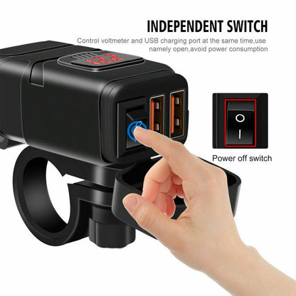 12V Waterproof Motorcycle Handlebar Fast Charger Dual USB Port 3.0 Voltmeter