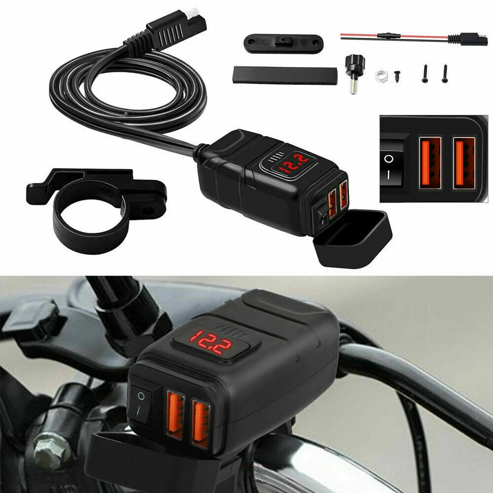 12V Waterproof Motorcycle Handlebar Fast Charger Dual USB Port 3.0 Voltmeter