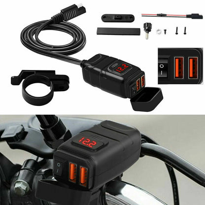 12V Waterproof Motorcycle Handlebar Fast Charger Dual USB Port 3.0 Voltmeter
