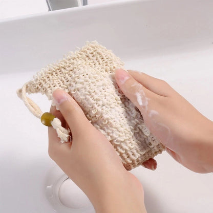 2PCS Flax Foaming Net Soap Saver Bag Pouch Drawstring Soap Exfoliating Bags